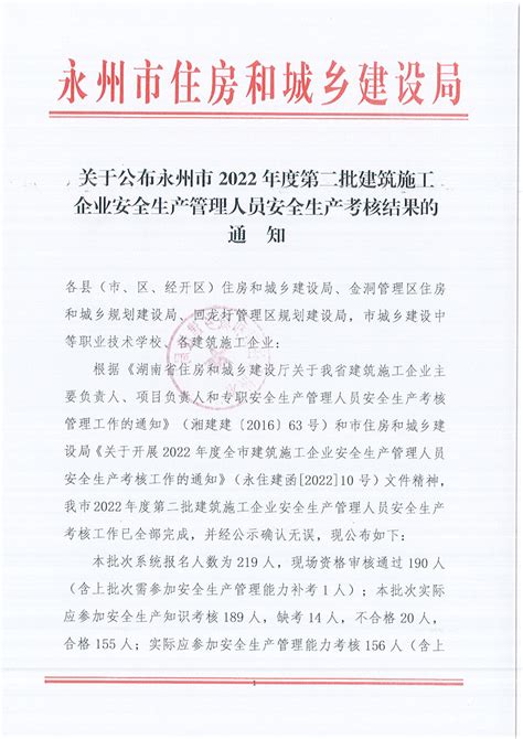 关于公布永州市2022年度第二批建筑施工企业安全生产管理人员安全生产考核结果的通知_通知_市住房和城乡建设局_永州市人民政府