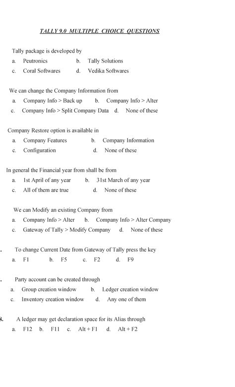 Tally with Multiple choice questions - TALLY 9 MULTIPLE CHOICE ...