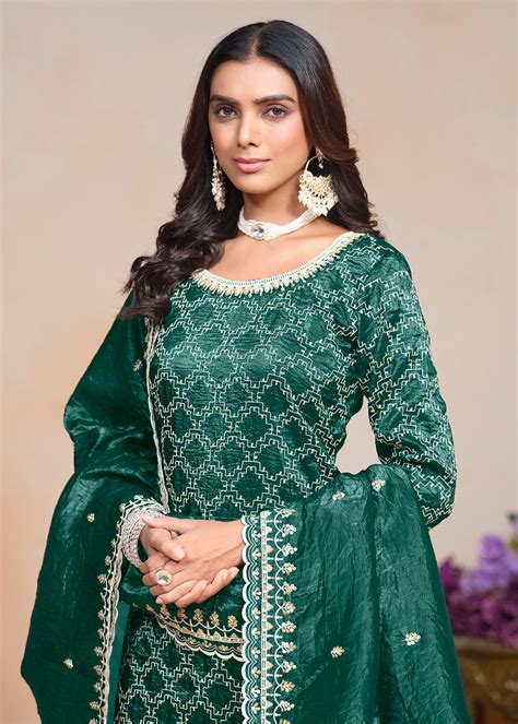 Buy Palazzo Suits in Canada - Rama Green Gold Crushed Embroidered Suit ...