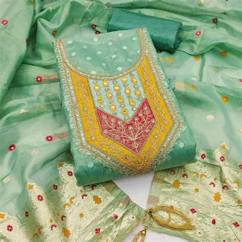 Green Shimmer Dress Material Featuring Floral Weaving & Sparkling Sequ