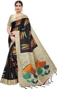 Buy KV Fashion Printed Bollywood Cotton Blend, Art Silk Black Sarees ...