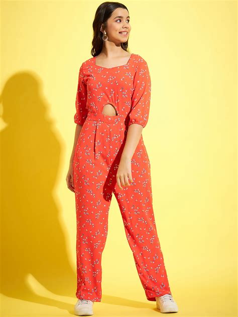 StyleStone Coral Floral Printed Jumpsuit with Belly Cutout – Stylestone