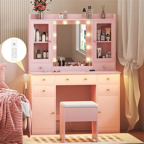 HUANLEGO Vanity Desk with Mirror and Lights, Pink Vanity India | Ubuy