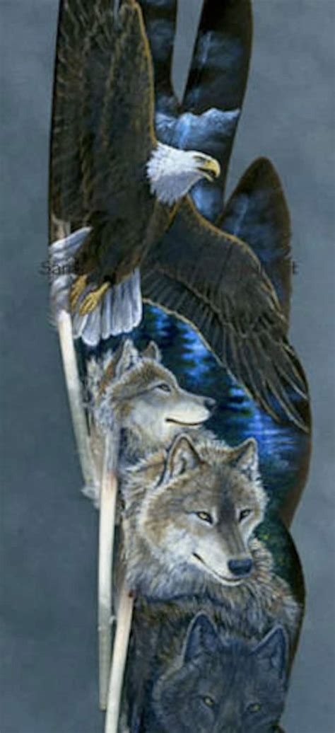 Buy Bald Eagle and Wolf Pack Wildlife Art Painted Feather Print Online ...