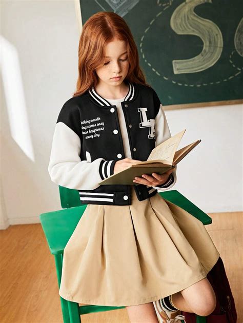 SHEIN 2pcs School Uniform Set For Tween Girls, American Style Bomber ...