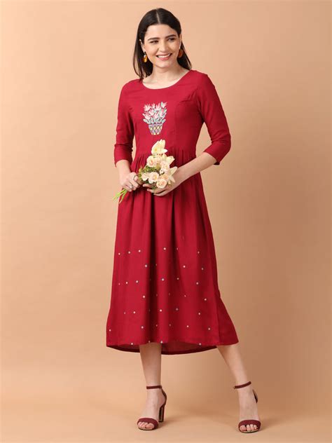 Maroon Gathered Dress With Embroidered Yoke | Untung