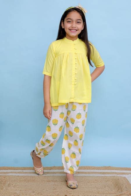 Buy Yellow Cotton Printed Floral Boota Mandarin Collar Kedia Top And ...