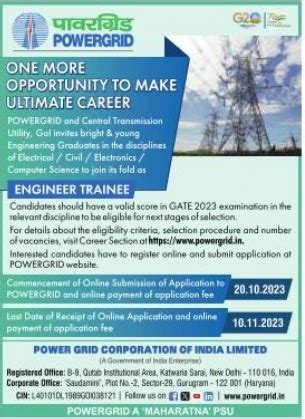Power Grid Recruitment thorugh GATE 2023: 184 Engineer Trainee Posts