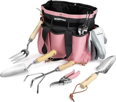 Amazon.com : WORKPRO 8-Piece Pink Garden Tool Set, Stainless Steel Gardening Tools with Wood ...