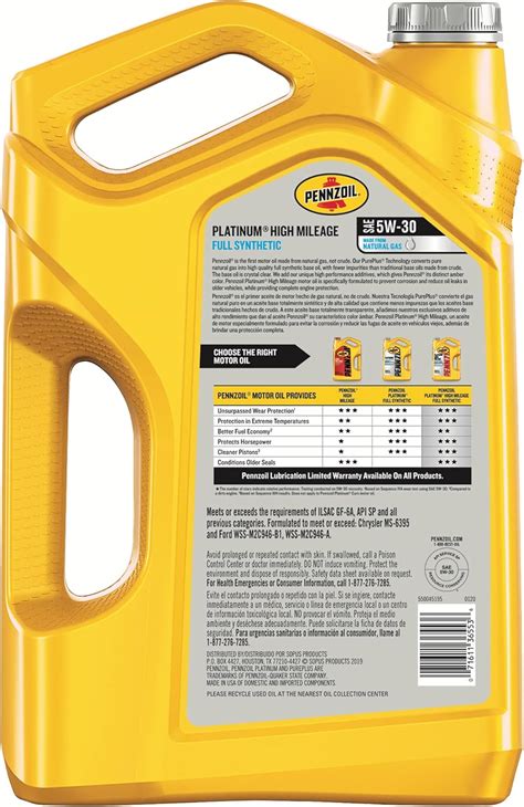 Buy Pennzoil Platinum High Mileage Full Synthetic 5W-30 Motor Oil for ...