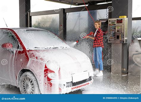 Woman Working at the Car Wash and Washing the Car Stock Image - Image of occupation, shorthaired ...