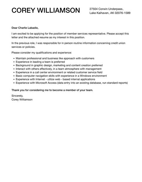 Member Services Representative Cover Letter | Velvet Jobs