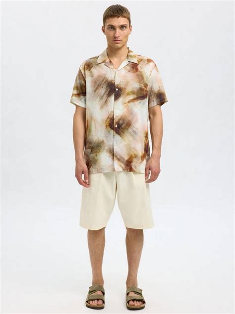 Selected Regular Fit Abstract Print Revere Collar Shirt, Egret Stroke