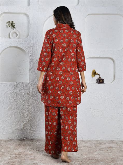 Red Printed pure cotton co-ord set – Sanskruti Homes