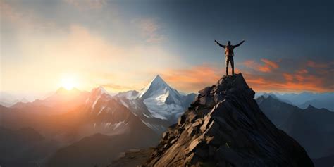 Create an illustration of a victorious hiker reaching the summit of a ...