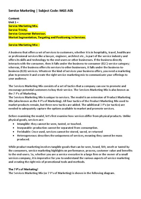 Unit 1 - .... - Service Marketing | Subject Code: MGS A Content: Unit 1 ...