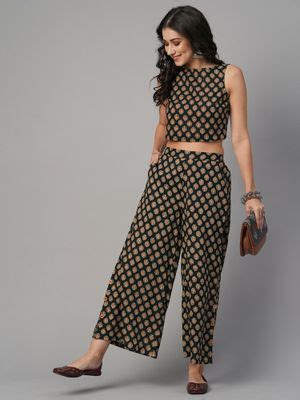 Buy Globus Women Black Ethnic Print Mid-Rise Co-Ord (Set of 2) (XS) Online