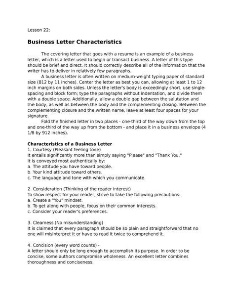 Lesson 22 Business Letter Characteristics - A letter of this type should be brief and direct. It ...