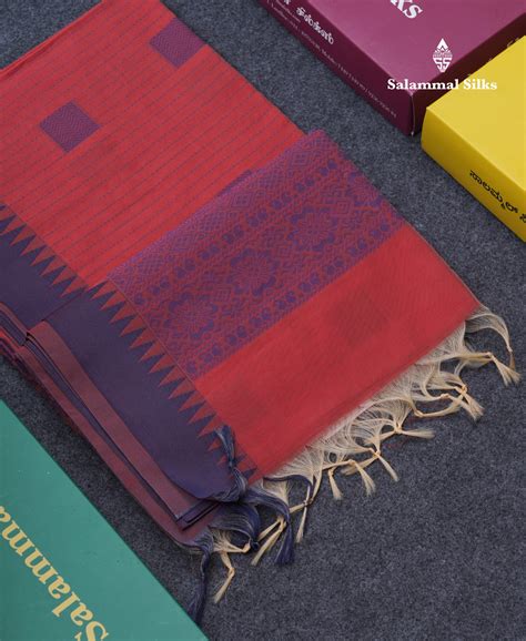 Tomato Red Beautiful Fancy Kora Cotton Saree With Contrast Violet Temp ...