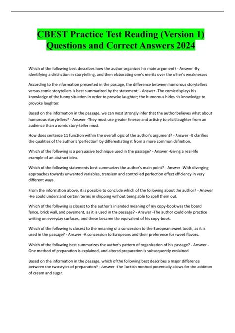 CBEST Practice Test Reading (Version 1) Questions and Correct Answers ...
