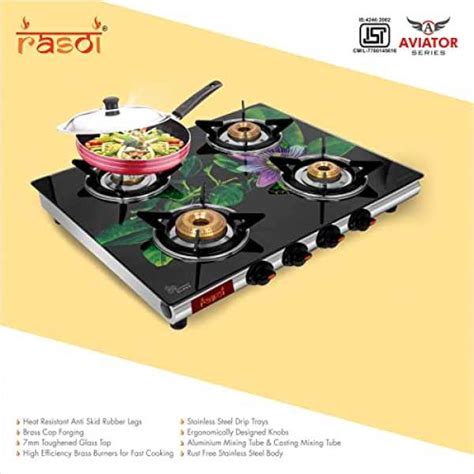 Rasoi Aviator Glass Top 4 Burner Gas Stove, Multicolor (ISI Certified ...