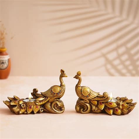 Buy Shyam Antique Creation Large Size Set of 2 Peacock Design Candle ...