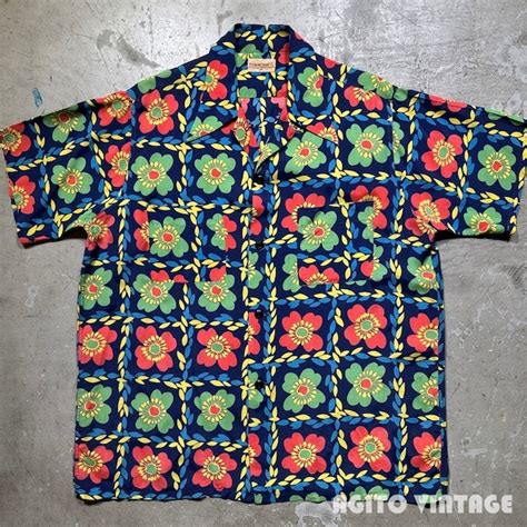 40's 50's Catalina カタリナ レーヨン ハワイアンシャツ アロハシャツ 海鳥 灯台 オールオーバーパターン Mサイズ ...