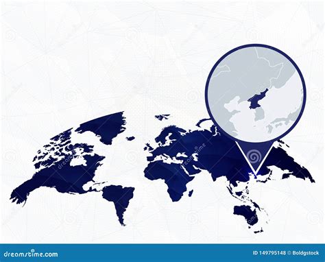 North Korea Detailed Map Highlighted on Blue Rounded World Map Stock ...