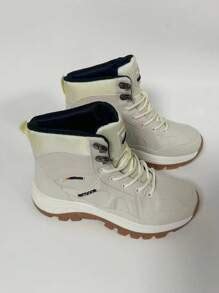 Beige Lace-Up Casual Comfort Versatile Platform Round Toe Hiking Boots ...