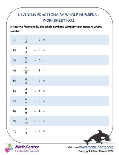 Dividing Fractions by Whole Numbers - Worksheet no.1 | Worksheets ...