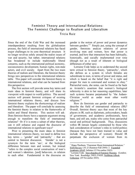 Ruiz - Sociology notes - Feminis t Th eor y and In t erna tional Rela ...