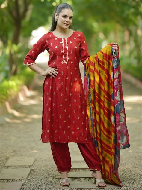 Buy Red Woven Design Silk Blend Straight Suit With Dupatta Online at Rs ...