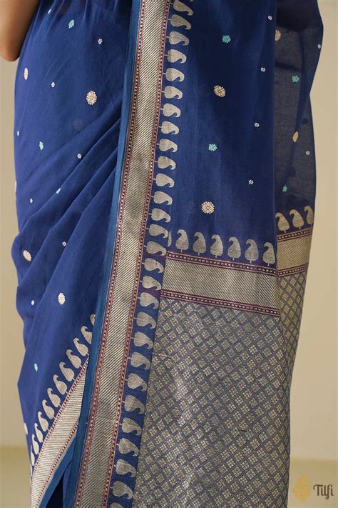 Navy Blue Pure Cotton Banarasi Kadhua Handloom Saree - Tilfi
