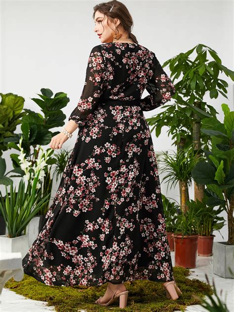 SHEIN Modely Plus Allover Floral Print Contrast Mesh Maxi A-line Dress ...