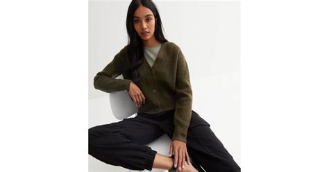 Khaki Ribbed Knit Button Front Cardigan | New Look