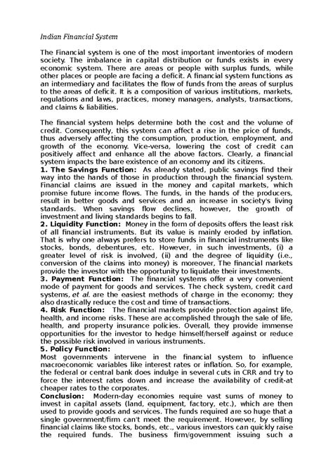 FII II MCOM - Notes - Indian Financial System The Financial system is ...