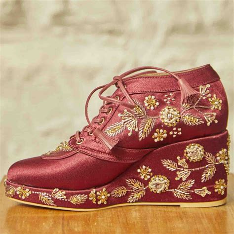 Maroon Satin Embroidered Bridal Sneaker Wedges - Customized Wedding Sh ...