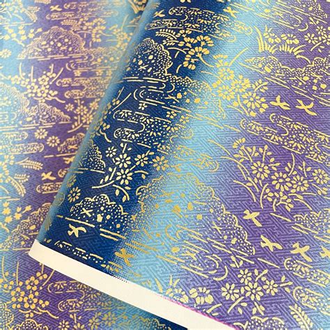 華やかな友禅和紙 青 水色 紫のぼかしに金の小花 大判 約63x95cm 千代紙 Yuzen Dyeing | 森田和紙オンラインショップ《倭紙の店》