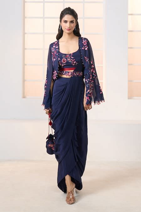 Buy Blue Crepe Embroidery, Sequins, Tassels, Floral Jacket With Draped ...