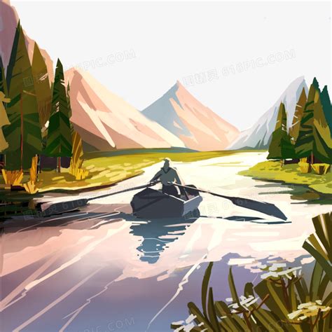 划船游湖山水之间插画元素图片免费下载_PNG素材_编号vd9ip32le_图精灵