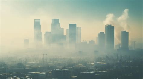 A hazy cityscape with visible smog over the skyline obscuring tall ...