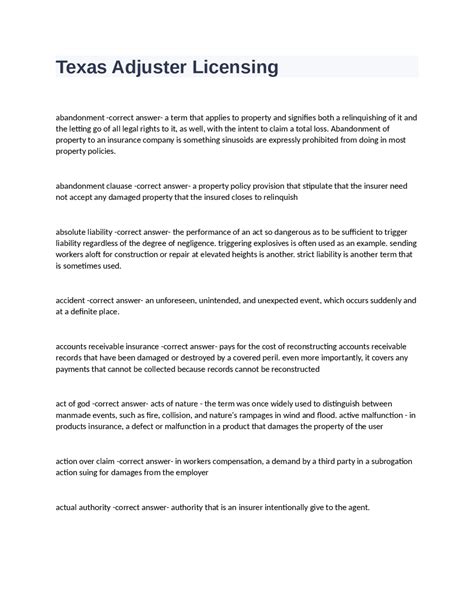 Texas Adjuster Licensing Exam | Exams Insurance Economics | Docsity