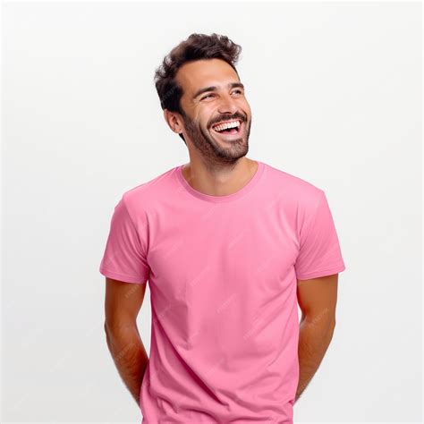 Smiling men wearing pink TShirt Mockup on black studio background ...