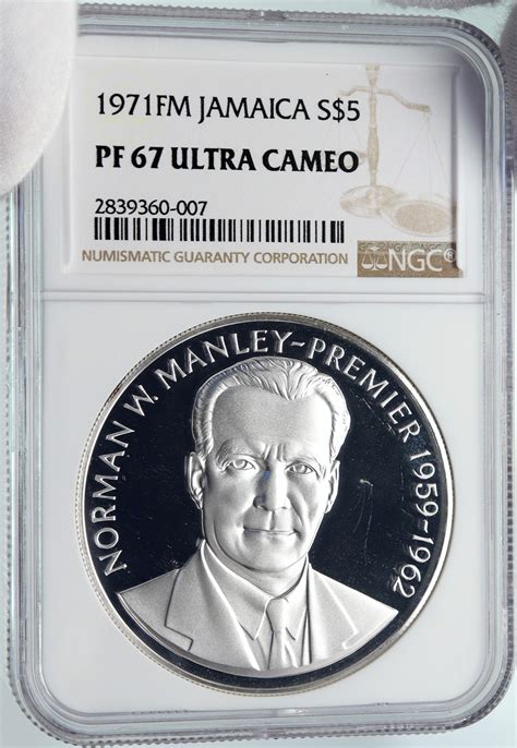 1971 JAMAICA Proof HUGE 4.5cm Premier Norman W Manley Silver $5 Coin ...