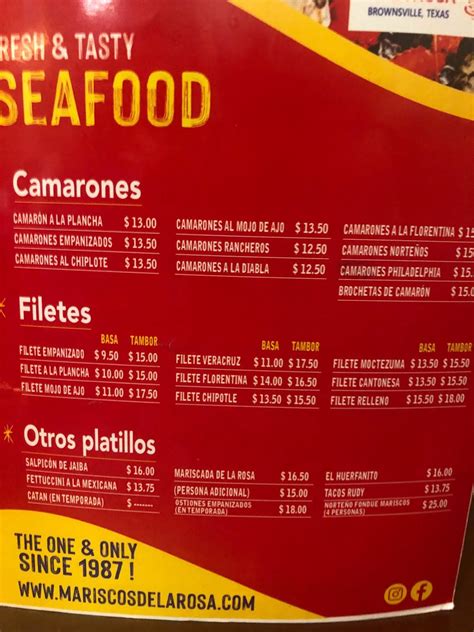 Menu at Mariscos De La Rosa restaurant, Brownsville, Padre Island Hwy