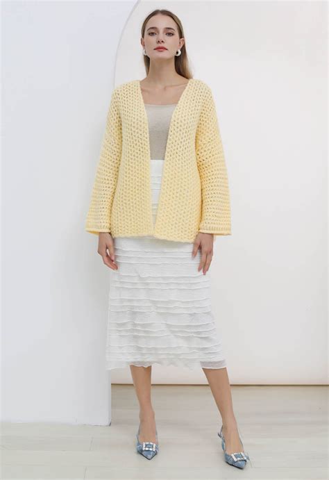 Open Front Hollow Out Knit Cardigan in Light Yellow - Retro, Indie and ...