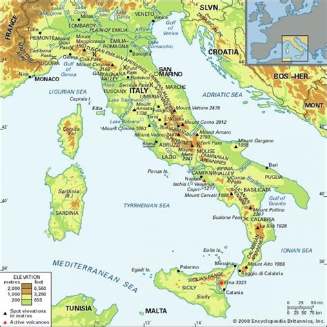 Geographical map of Italy: topography and physical features of Italy