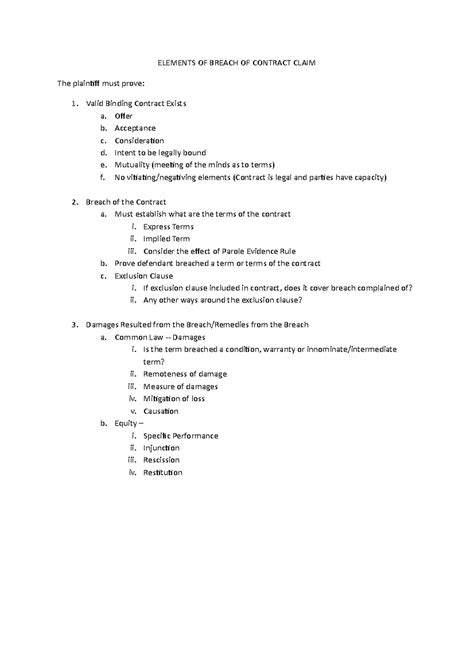 Elements OF Breach OF Contract Claim - ELEMENTS OF BREACH OF CONTRACT CLAIM The plaintiff must ...