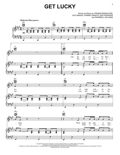 Get Lucky by Daft Punk Sheet Music for Piano, Vocal & Guitar Chords ...