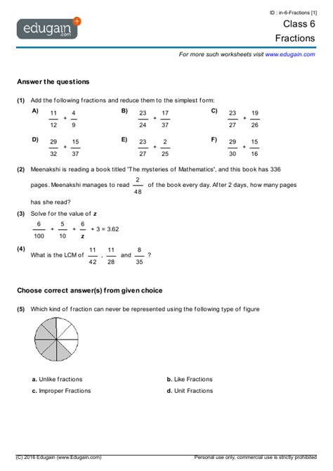 Class 6 - Fractions | Math Practice, Questions, Tests, Worksheets ...